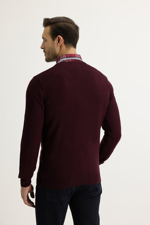 Dark Claret Red V-Neck Regular Fit Knitwear Sweater