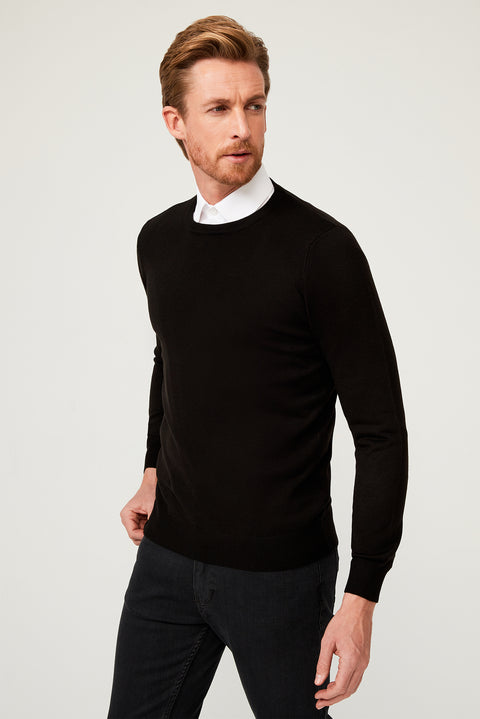 Black Crew Neck Regular Fit Knitted Sweater