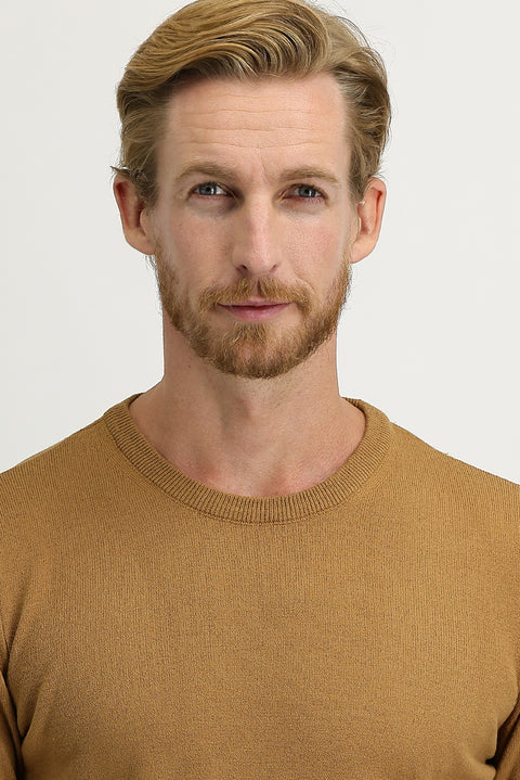 Camel Crew Neck Regular Fit Knitted Sweater
