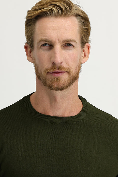Medium Khaki Crew Neck Regular Fit Knitted Sweater