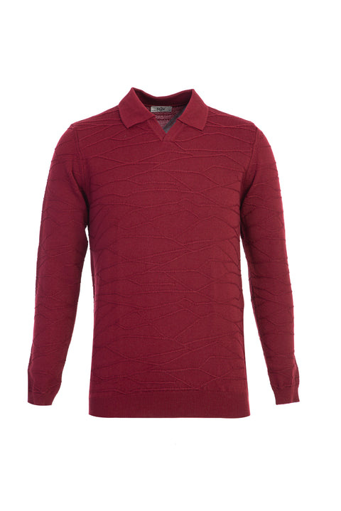 Dark Burgundy Polo Collar Regular Fit Patterned Knit Sweater