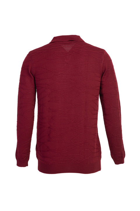 Dark Burgundy Polo Collar Regular Fit Patterned Knit Sweater