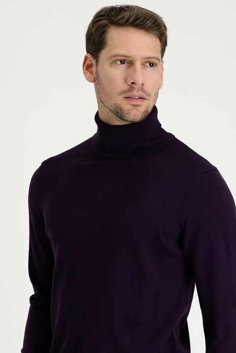 Plum Turtleneck Slim Fit Narrow Cut Patterned Knit Sweater