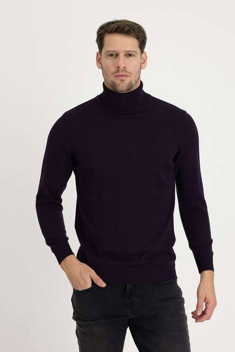 Plum Turtleneck Slim Fit Narrow Cut Patterned Knit Sweater