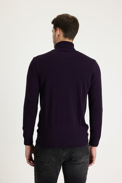 Plum Turtleneck Slim Fit Narrow Cut Patterned Knit Sweater