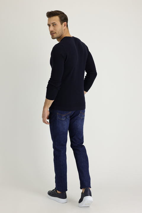 Orta Lacivert Slim Fit Dar Kesim Likralı Denim Pantolon