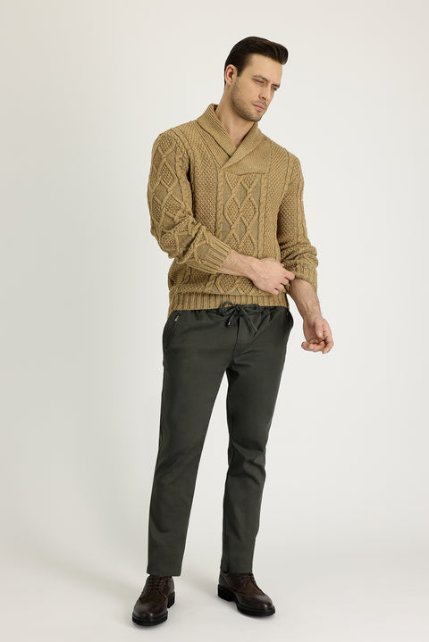 Light Khaki Slim Fit Drawstring Elastic Waist Stretchy Canvas / Chino Trousers