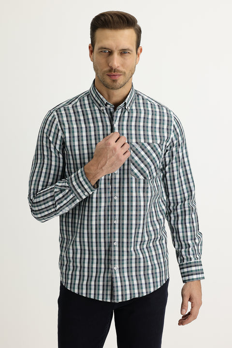 Dark Green Long Sleeve Regular Fit Plaid Cotton Shirt