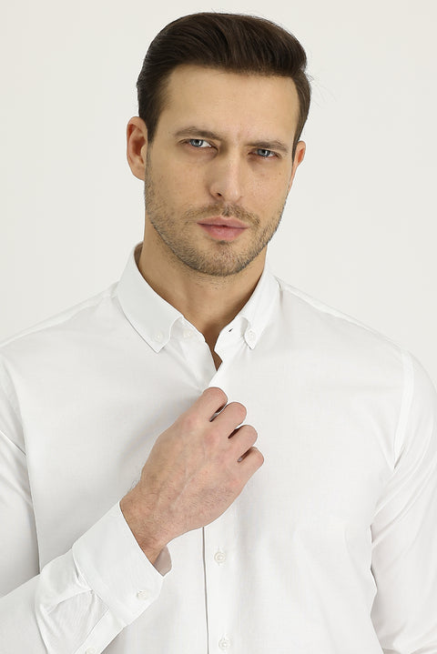 White Long Sleeve Slim Fit Narrow Cut Oxford Cotton Shirt