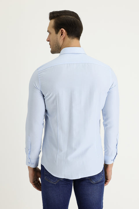Light Blue Long Sleeve Slim Fit Narrow Cut Classic Patterned Cotton Easy-Iron Shirt