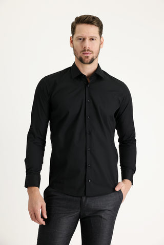 Siyah Uzun Kol Slim Fit Dar Kesim Pamuklu Gömlek