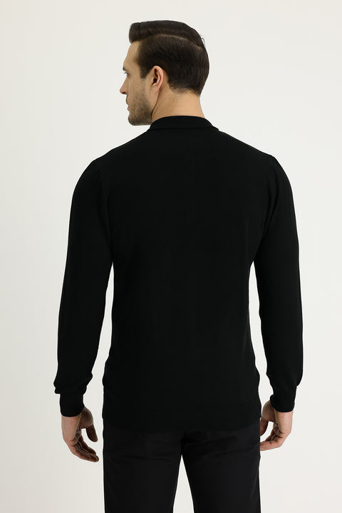 Siyah Polo Yaka Regular Fit Triko Kazak