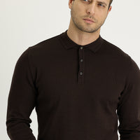 Medium Brown Polo Collar Regular Fit Knitted Sweater