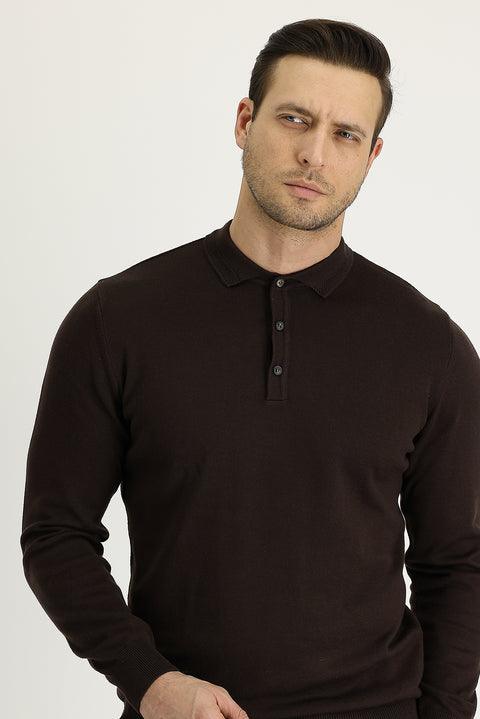 Medium Brown Polo Collar Regular Fit Knitted Sweater