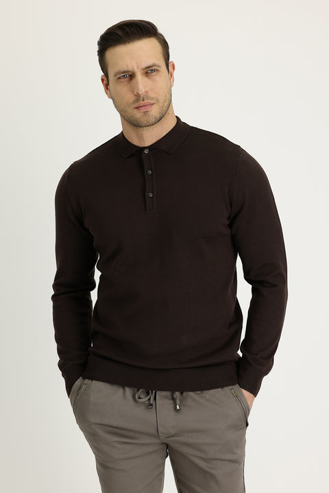 Medium Brown Polo Collar Regular Fit Knitted Sweater
