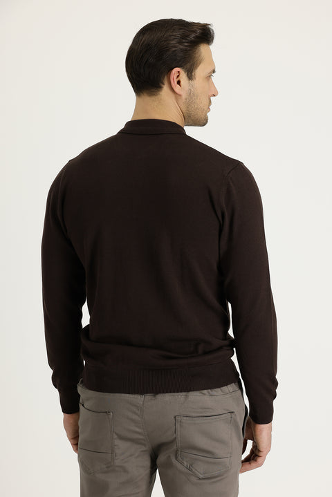 Medium Brown Polo Collar Regular Fit Knitted Sweater