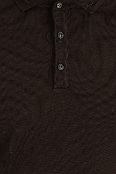 Medium Brown Polo Collar Regular Fit Knitted Sweater