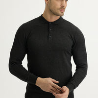 Dark Anthracite Polo Collar Regular Fit Knitted Sweater