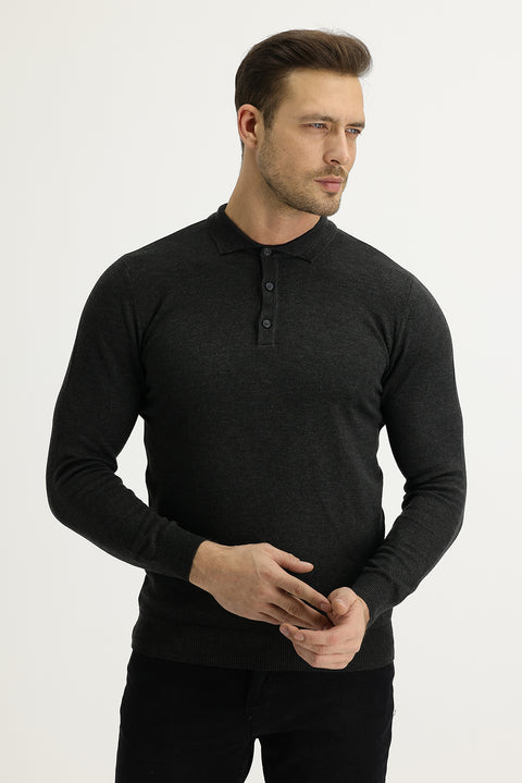 Dark Anthracite Polo Collar Regular Fit Knitted Sweater