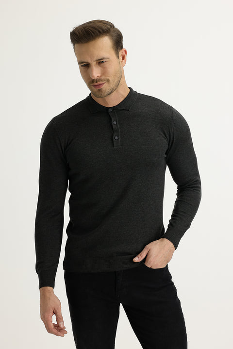 Dark Anthracite Polo Collar Regular Fit Knitted Sweater