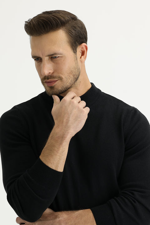 Black Half Turtleneck Regular Fit Knitted Sweater