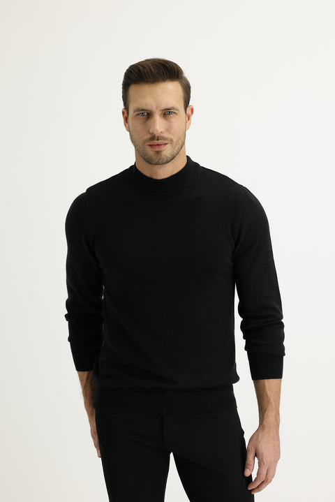 Black Half Turtleneck Regular Fit Knitted Sweater