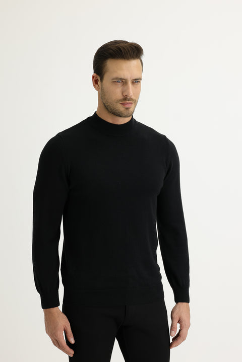Black Half Turtleneck Regular Fit Knitted Sweater