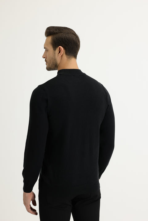 Black Half Turtleneck Regular Fit Knitted Sweater
