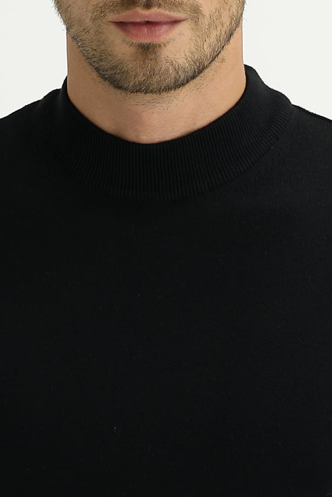 Black Half Turtleneck Regular Fit Knitted Sweater