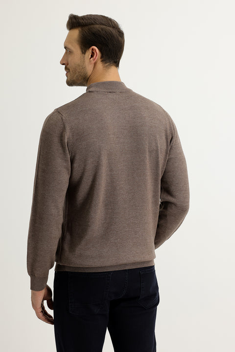 Light Brown Melange Half Turtleneck Regular Fit Knitted Sweater