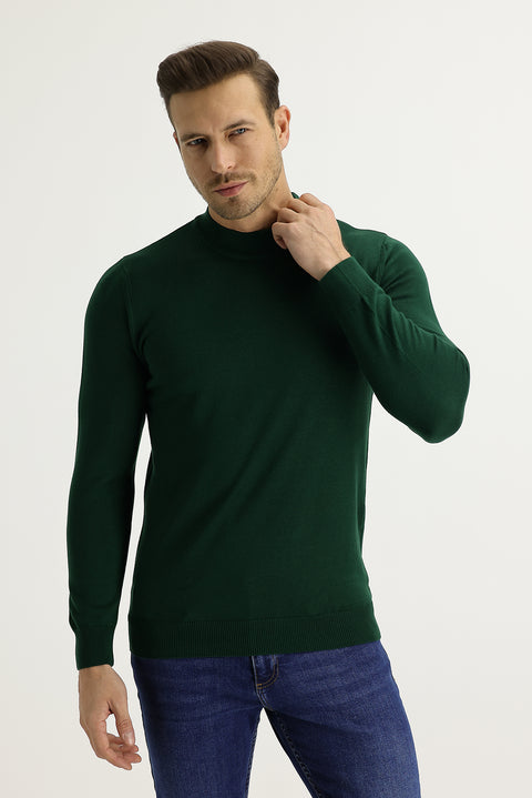 Dark Green Semi-Turtleneck Regular Fit Knitted Sweater