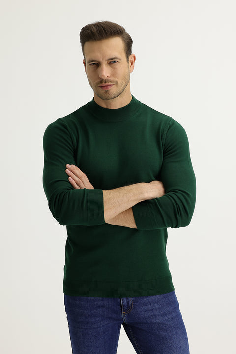 Dark Green Semi-Turtleneck Regular Fit Knitted Sweater