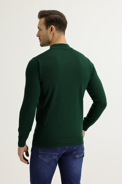Dark Green Semi-Turtleneck Regular Fit Knitted Sweater