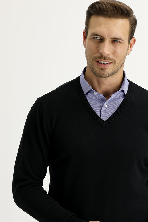 Black V-Neck Regular Fit Knit Sweater