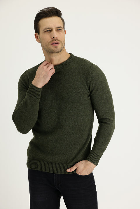 Medium Khaki Crew Neck Slim Fit Narrow Cut Wool Knit Sweater
