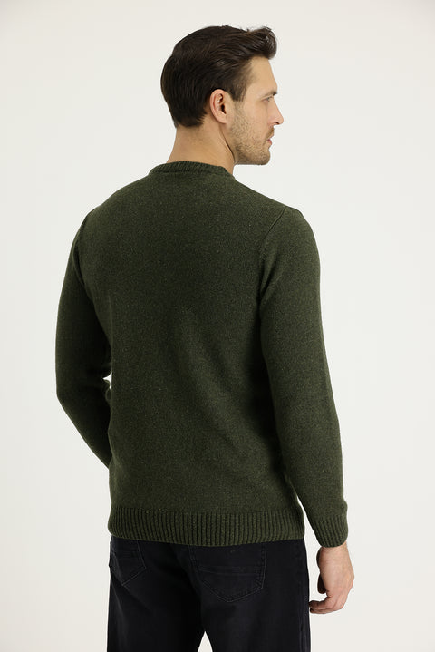 Medium Khaki Crew Neck Slim Fit Narrow Cut Wool Knit Sweater
