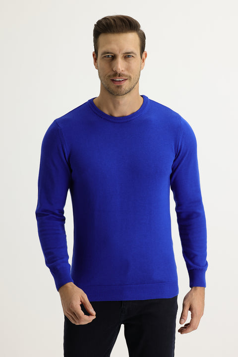 Saks Mavi Bisiklet Yaka Regular Fit Triko Kazak