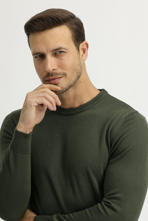 Light Khaki Crew Neck Regular Fit Knitted Sweater