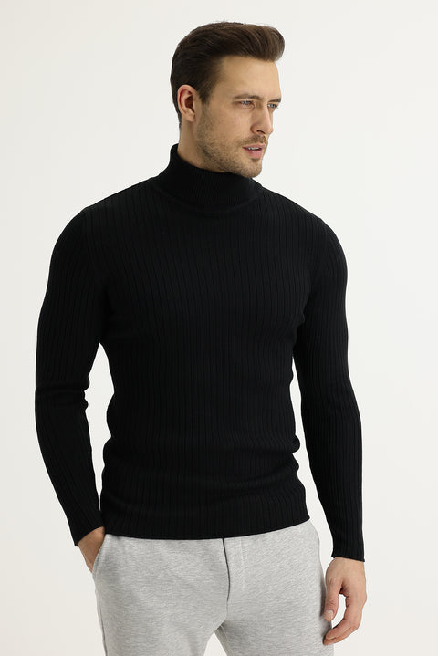 Black Turtleneck Slim Fit Narrow Cut Knit Sweater