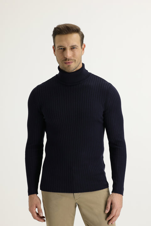 Koyu Lacivert Balıkçı Yaka Slim Fit Dar Kesim Pamuklu Triko Kazak