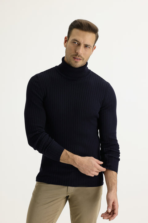 Koyu Lacivert Balıkçı Yaka Slim Fit Dar Kesim Pamuklu Triko Kazak