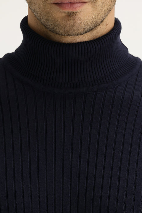 Koyu Lacivert Balıkçı Yaka Slim Fit Dar Kesim Pamuklu Triko Kazak