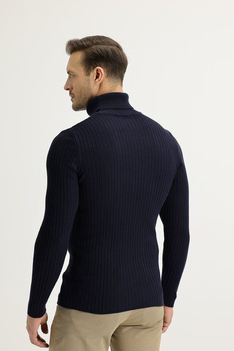 Koyu Lacivert Balıkçı Yaka Slim Fit Dar Kesim Pamuklu Triko Kazak