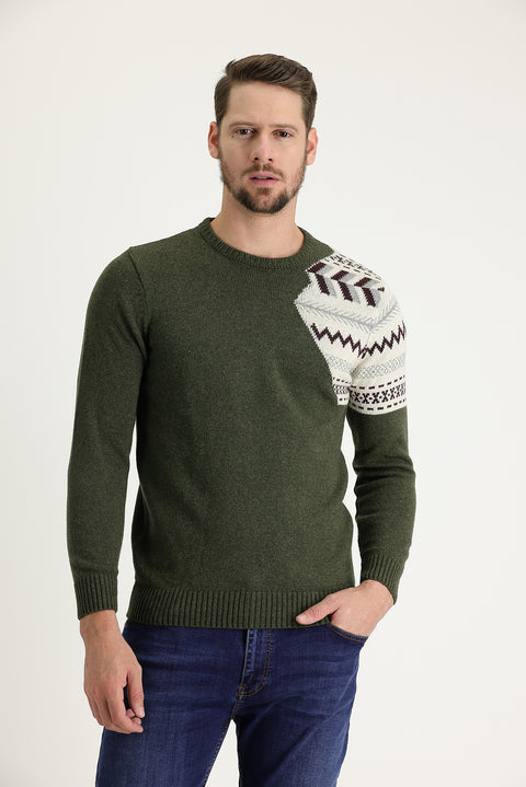 Medium Khaki Crew Neck Slim Fit Patterned Wool Knit Sweater