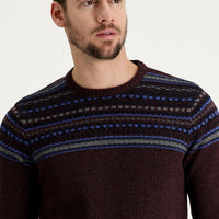 Wine Burgundy Crew Neck Slim Fit Narrow Cut Wool Patterned Knit Sweater
