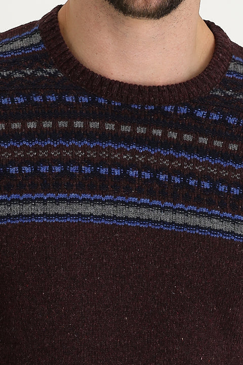 Wine Burgundy Crew Neck Slim Fit Narrow Cut Wool Patterned Knit Sweater