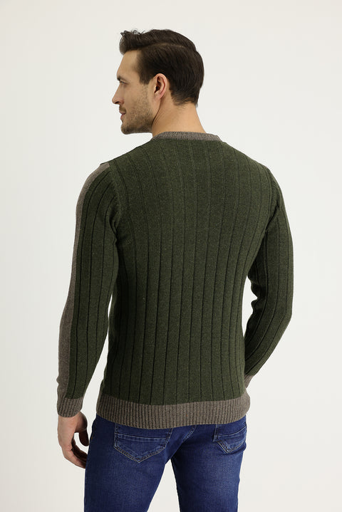 Orta Haki Bisiklet Yaka Slim Fit Dar Kesim Yünlü Desenli Triko Kazak