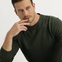 Military Khaki Crew Neck Slim Fit Narrow Cut Knit Sweater