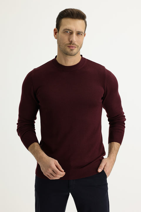 Light Burgundy Crew Neck Slim Fit Narrow Cut Cotton Knit Sweater