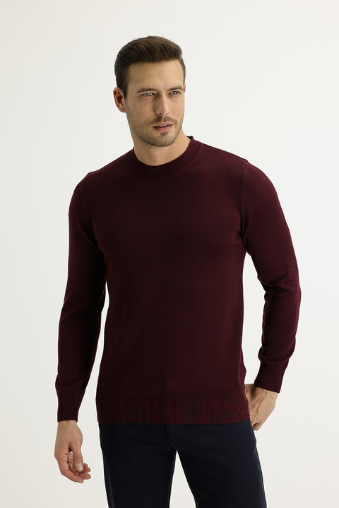 Light Burgundy Crew Neck Slim Fit Narrow Cut Cotton Knit Sweater